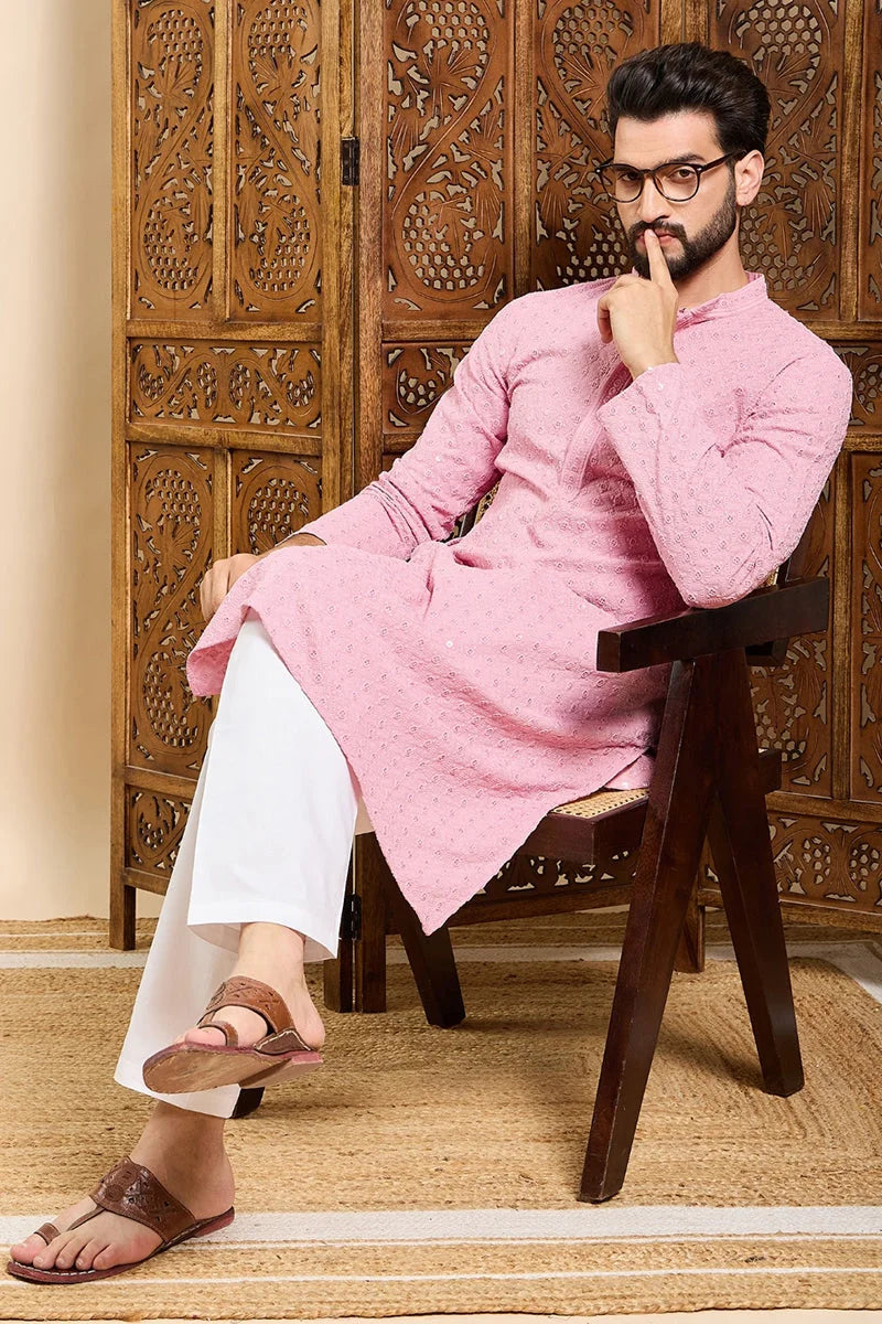 Pink Embroidered Indian Kurta for Men - Viscose Mens Kurta