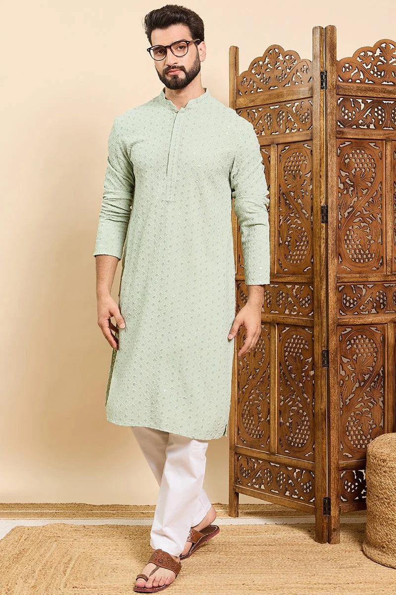 Sea Green Mens Kurta: Embroidered Indian Kurta for Men