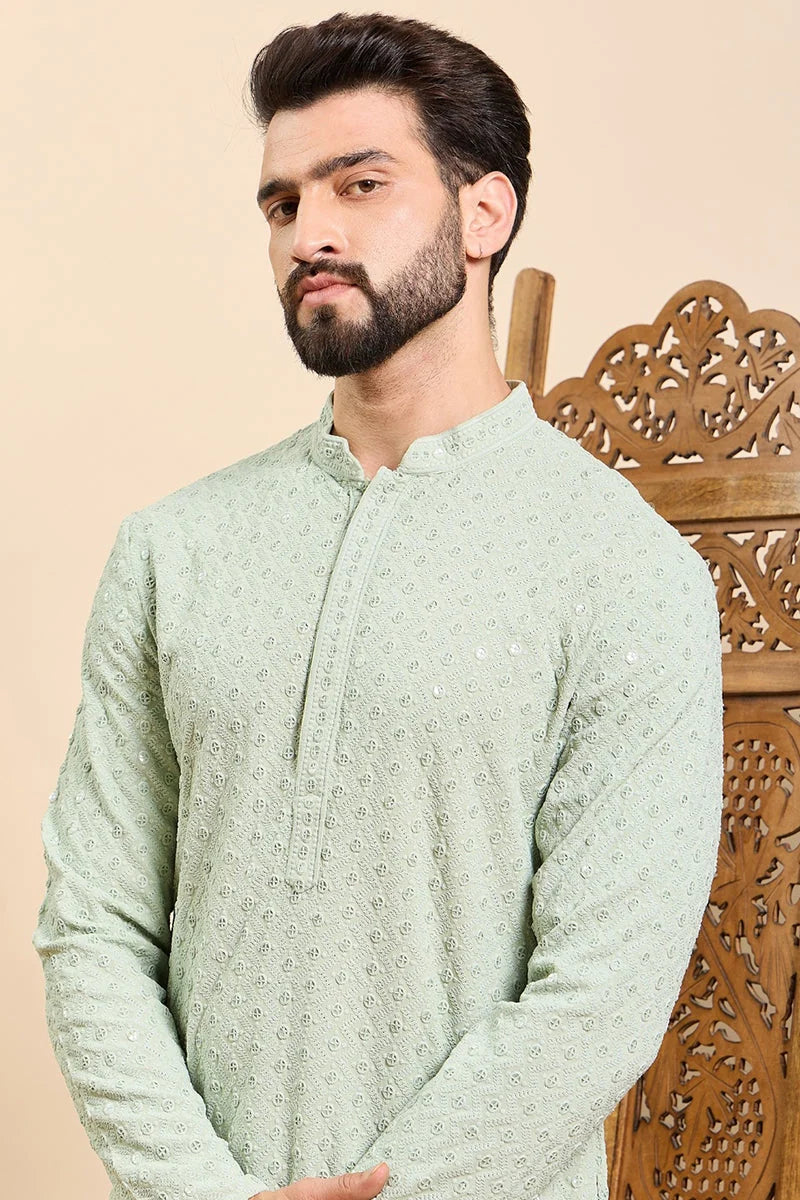 Sea Green Mens Kurta: Embroidered Indian Kurta for Men