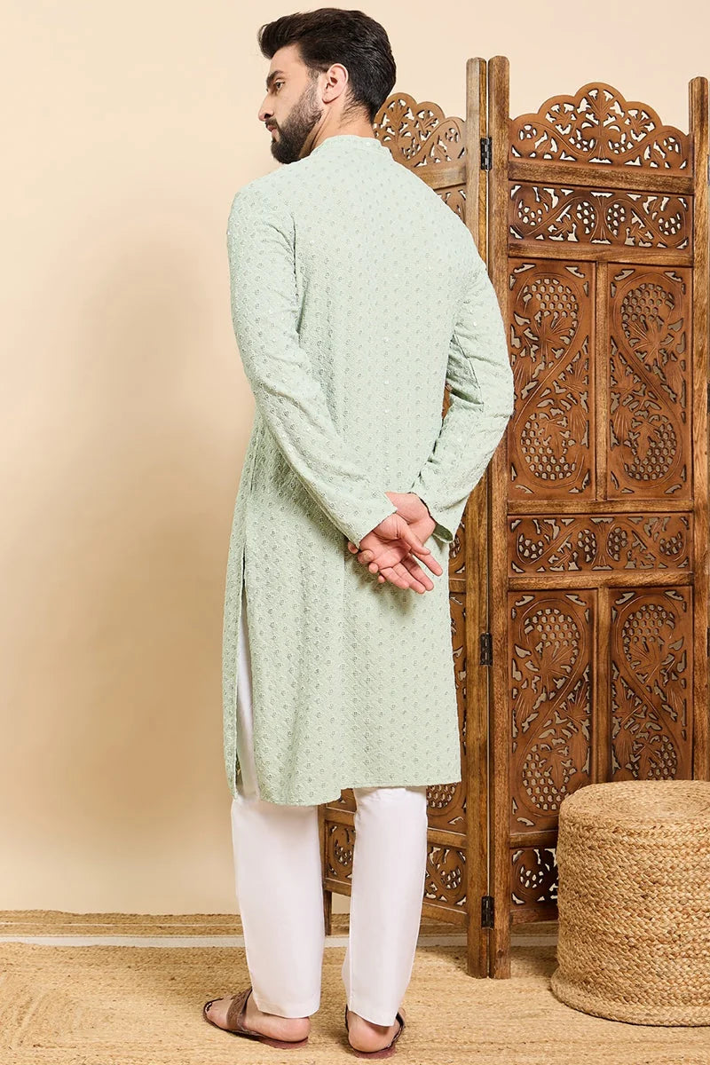 Sea Green Mens Kurta: Embroidered Indian Kurta for Men