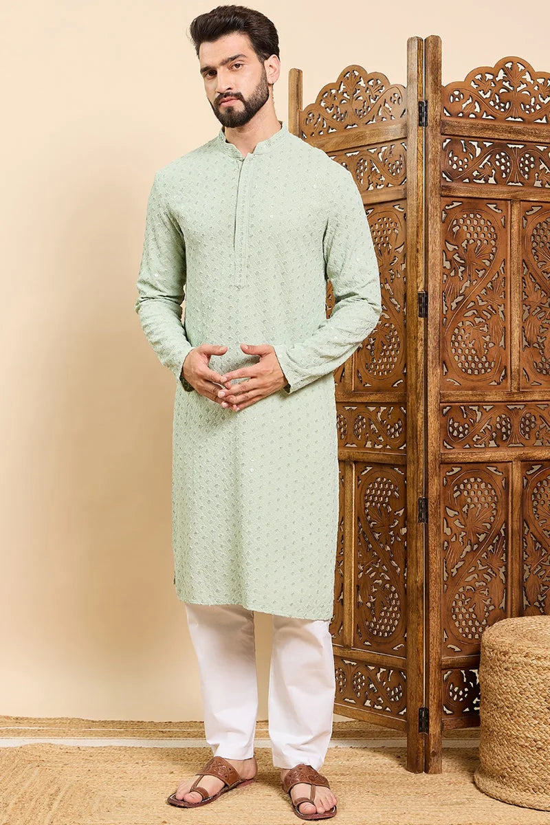 Sea Green Mens Kurta: Embroidered Indian Kurta for Men