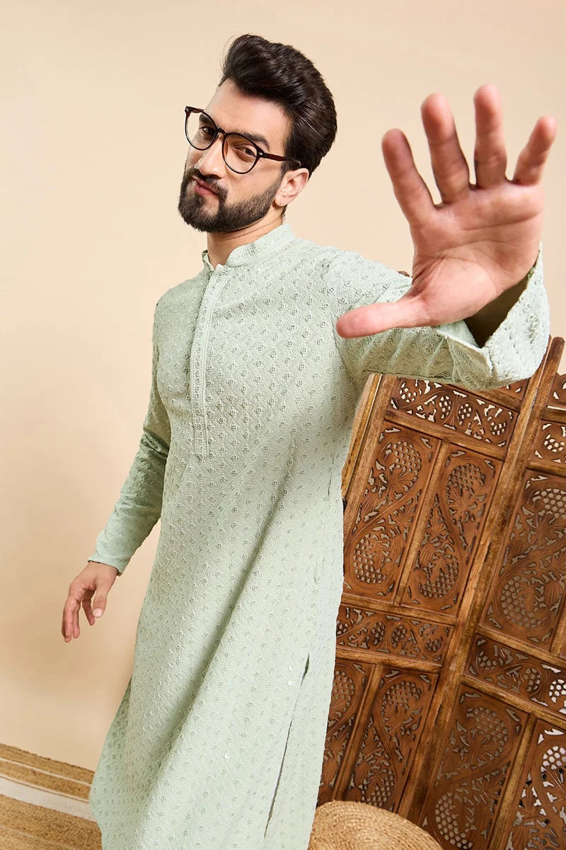 Sea Green Mens Kurta: Embroidered Indian Kurta for Men