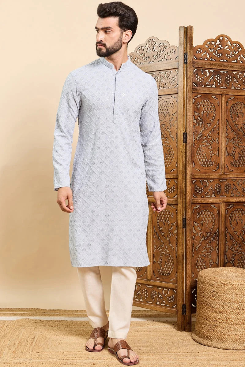 Blue Chikankari Indian Kurta for Men | Viscose Mens Kurta