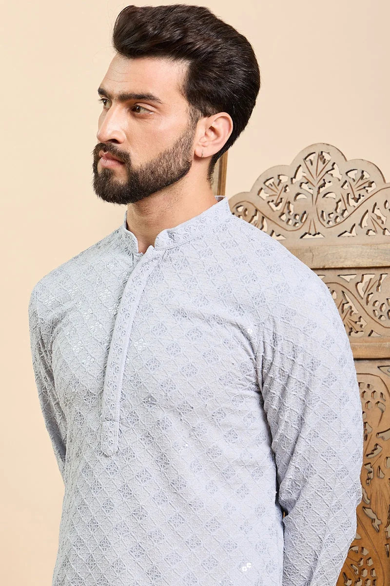 Blue Chikankari Indian Kurta for Men | Viscose Mens Kurta