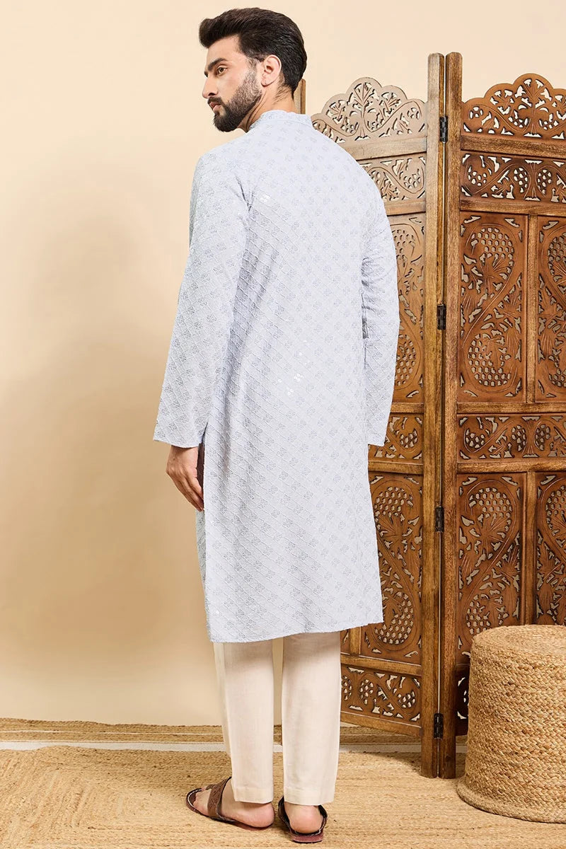 Blue Chikankari Indian Kurta for Men | Viscose Mens Kurta