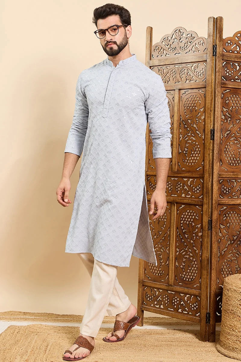 Blue Chikankari Indian Kurta for Men | Viscose Mens Kurta