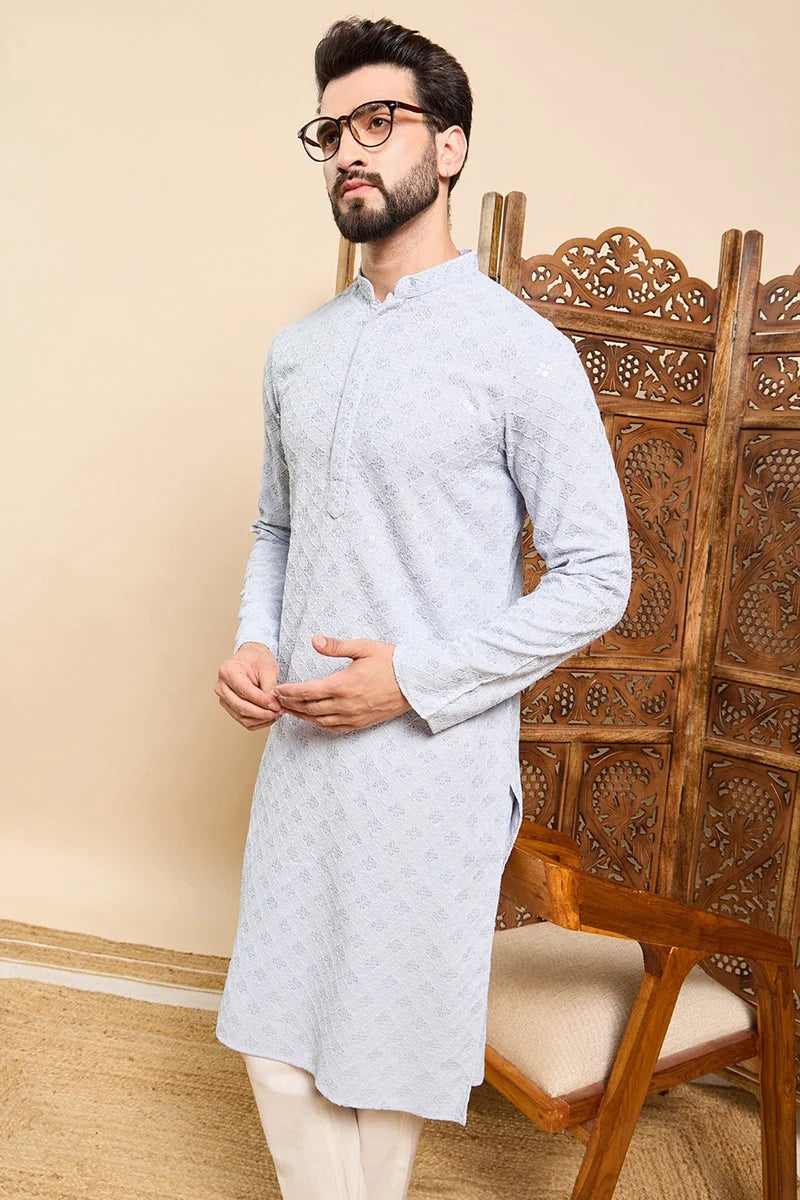Blue Chikankari Indian Kurta for Men | Viscose Mens Kurta