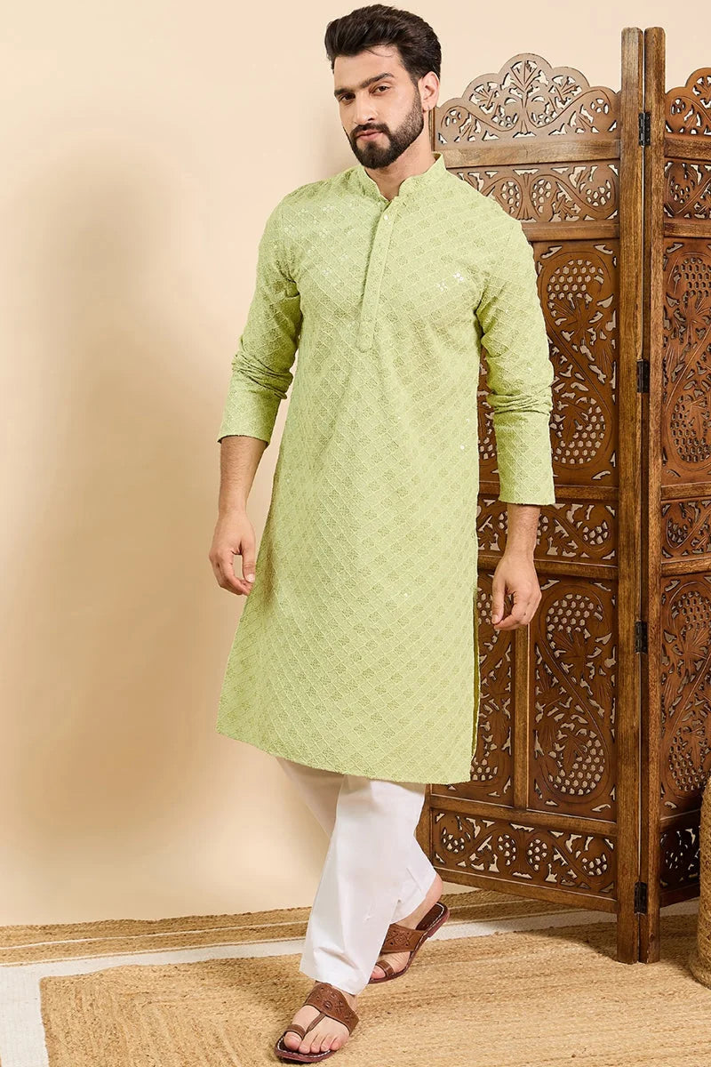 Green Embroidered Mens Kurta | Indian Kurta for Wedding
