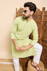 Ethnic Bay Green Viscose Rayon Solid Embroidered Ethnic Straight Chikankari Kurta For Men MKU1030GRN