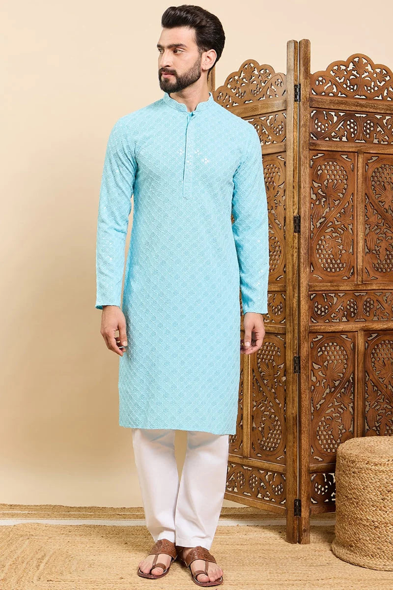 Ethnic Bay Turquoise Blue Viscose Rayon Solid Embroidered Ethnic Straight Chikankari Kurta For Men MKU1030LBLU