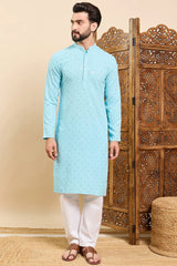 Ethnic Bay Turquoise Blue Viscose Rayon Solid Embroidered Ethnic Straight Chikankari Kurta For Men MKU1030LBLU