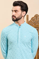 Ethnic Bay Turquoise Blue Viscose Rayon Solid Embroidered Ethnic Straight Chikankari Kurta For Men MKU1030LBLU