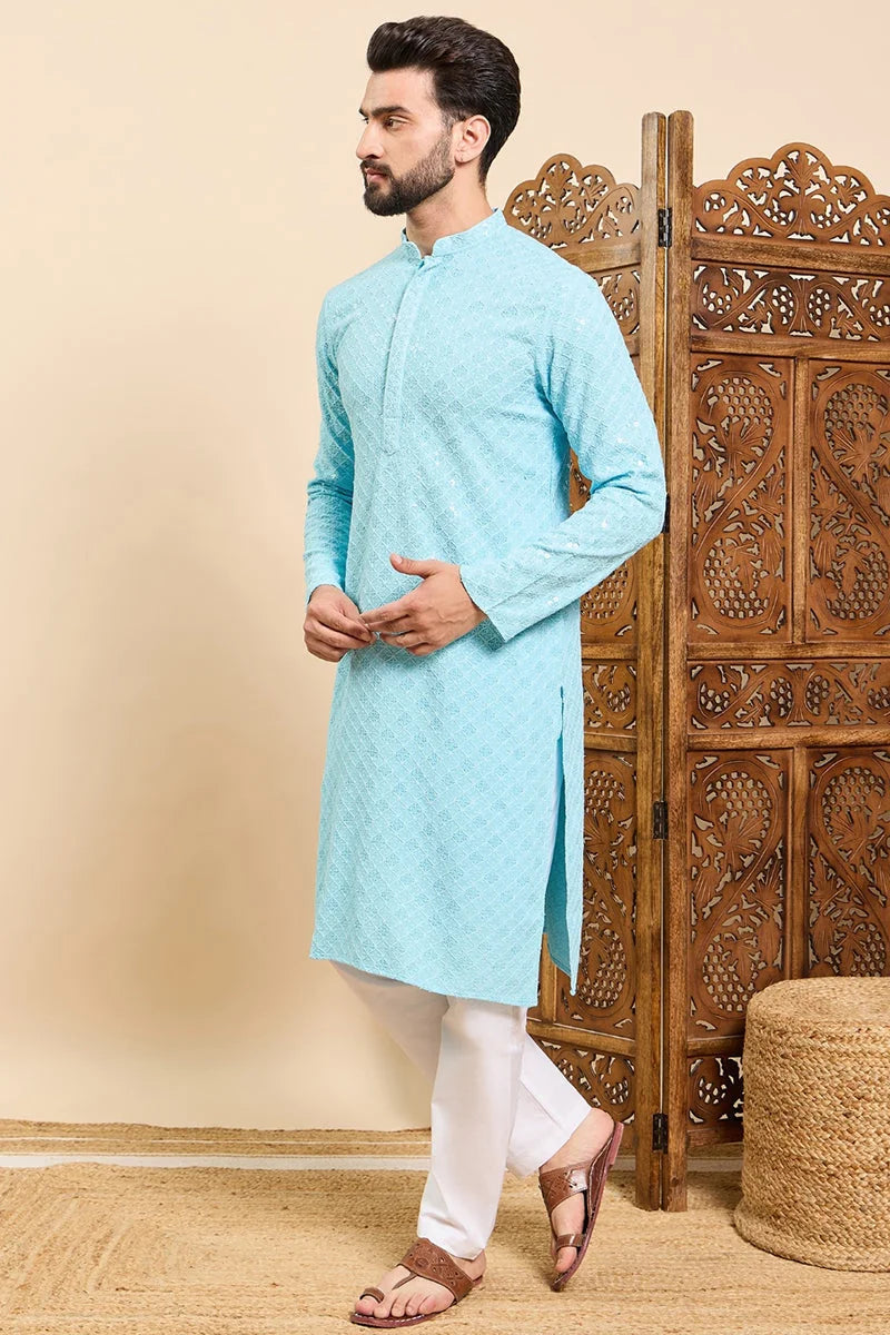 Turquoise Blue Embroidered Chikankari Indian Kurta For Men