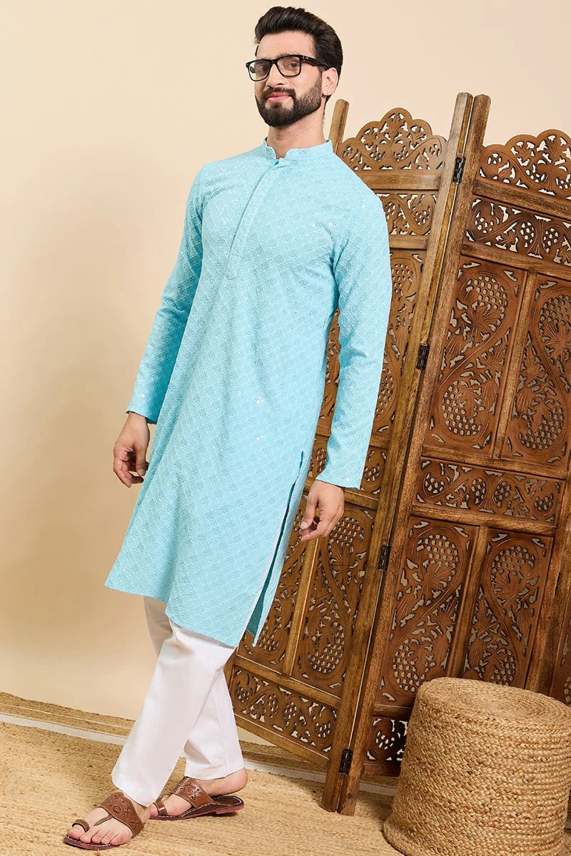 Turquoise Blue Embroidered Chikankari Indian Kurta For Men