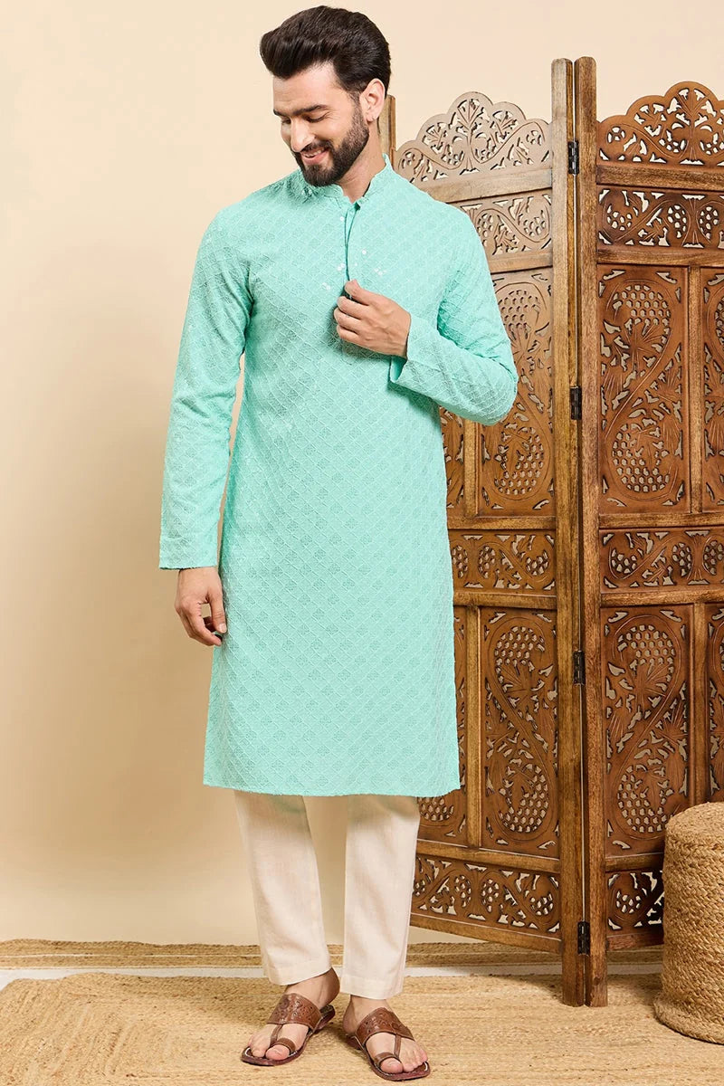 Sea Green Embroidered Mens Kurta | Indian Kurta For Men
