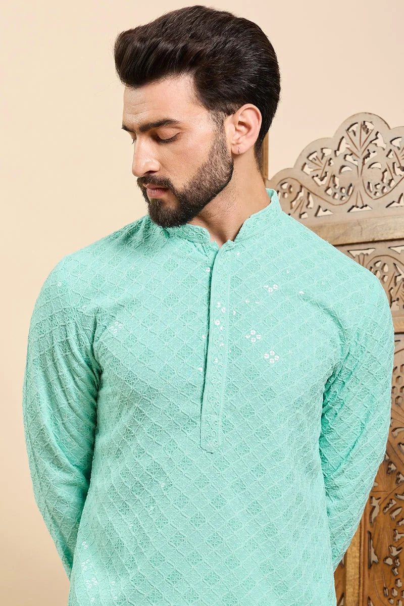 Sea Green Embroidered Mens Kurta | Indian Kurta For Men