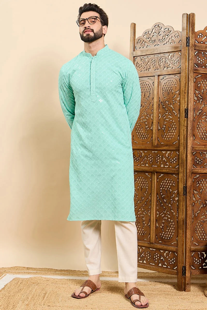 Sea Green Embroidered Mens Kurta | Indian Kurta For Men