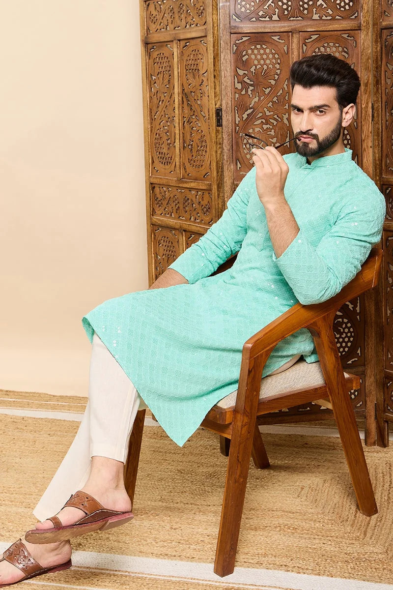 Sea Green Embroidered Mens Kurta | Indian Kurta For Men