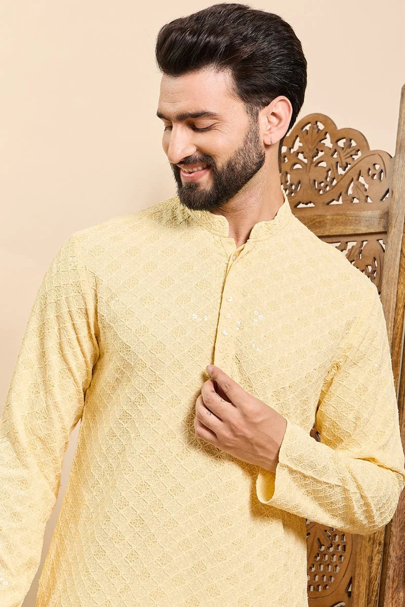 Yellow Embroidered Chikankari Indian Kurta for Men