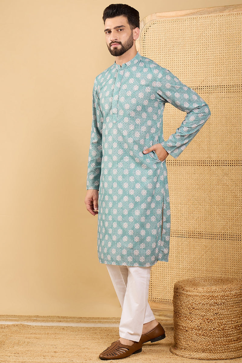 Ethnic Bay Sea Green Viscose Rayon Ethnic Motifs Embroidered Straight Chikankari Kurta MKU1032