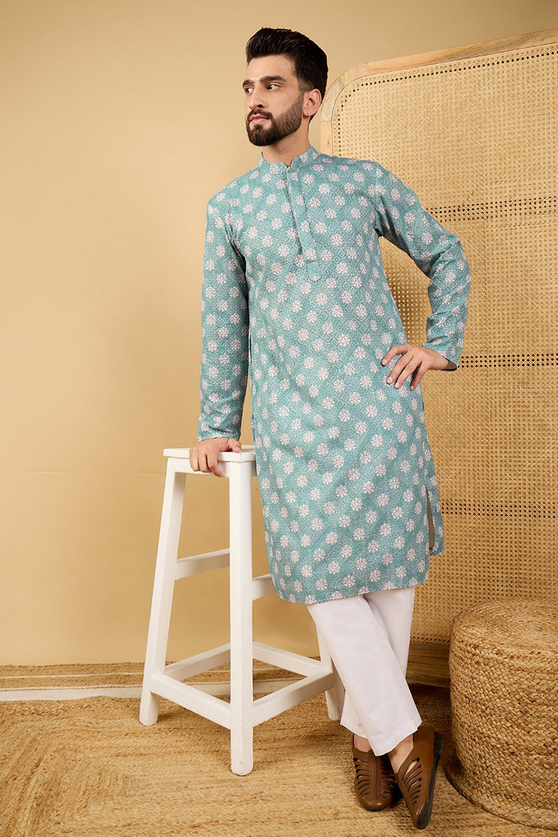 Ethnic Bay Sea Green Viscose Rayon Ethnic Motifs Embroidered Straight Chikankari Kurta MKU1032