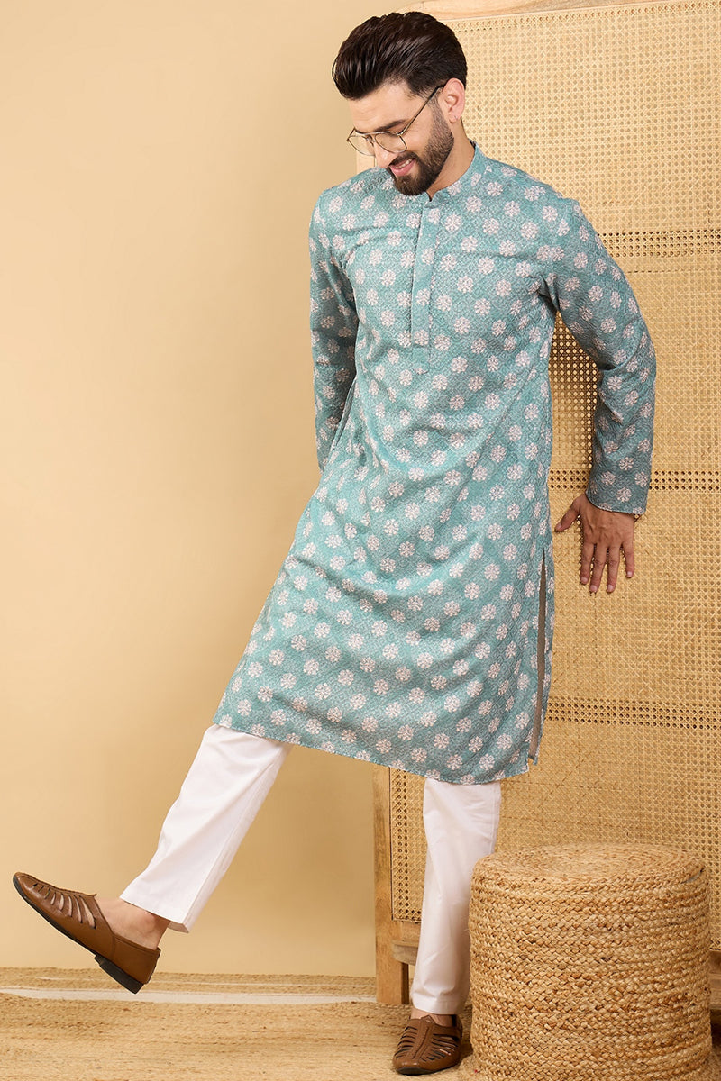 Ethnic Bay Sea Green Viscose Rayon Ethnic Motifs Embroidered Straight Chikankari Kurta MKU1032