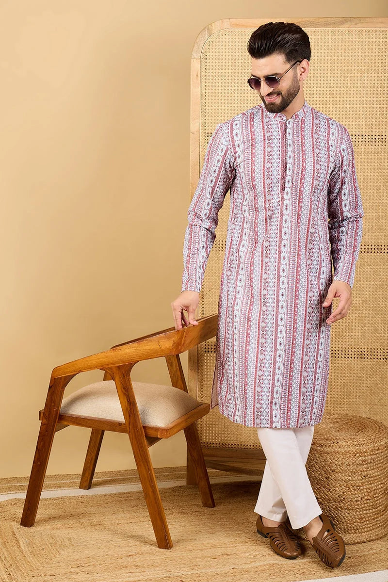 White Embroidered Indian Kurta for Men - Viscose Rayon