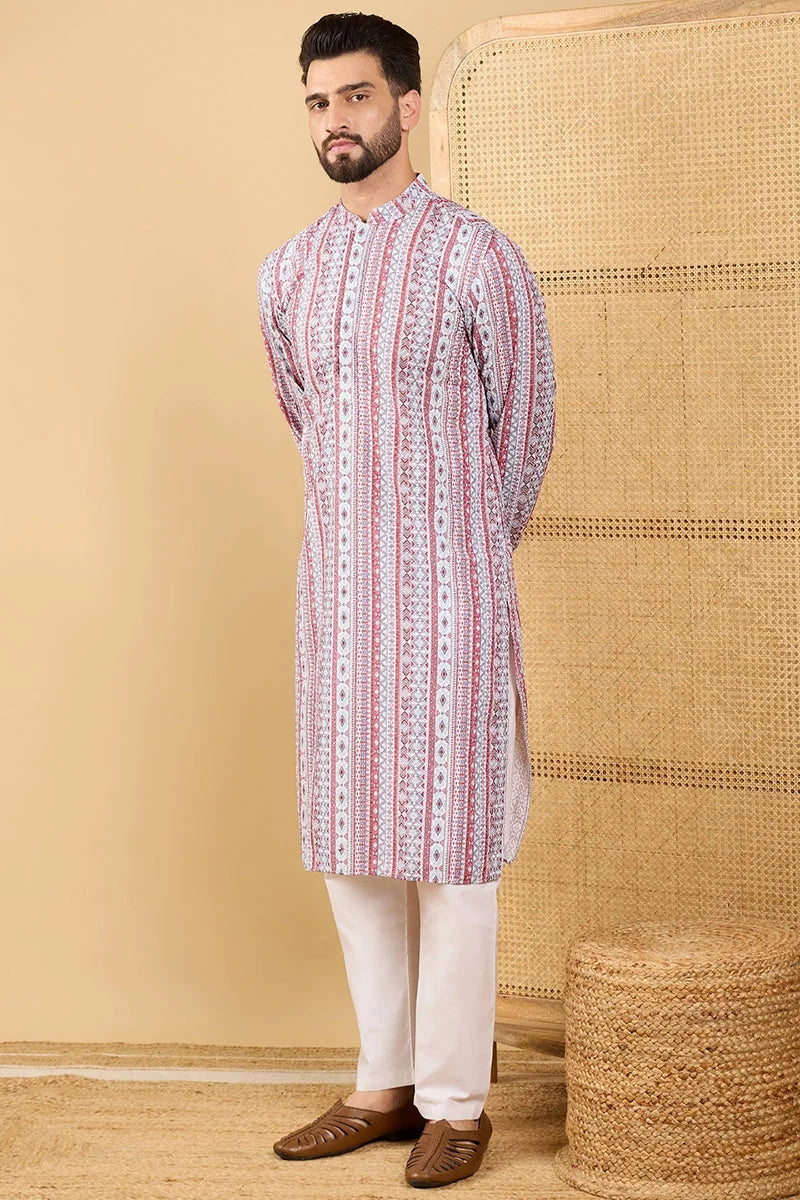 White Embroidered Indian Kurta for Men - Viscose Rayon