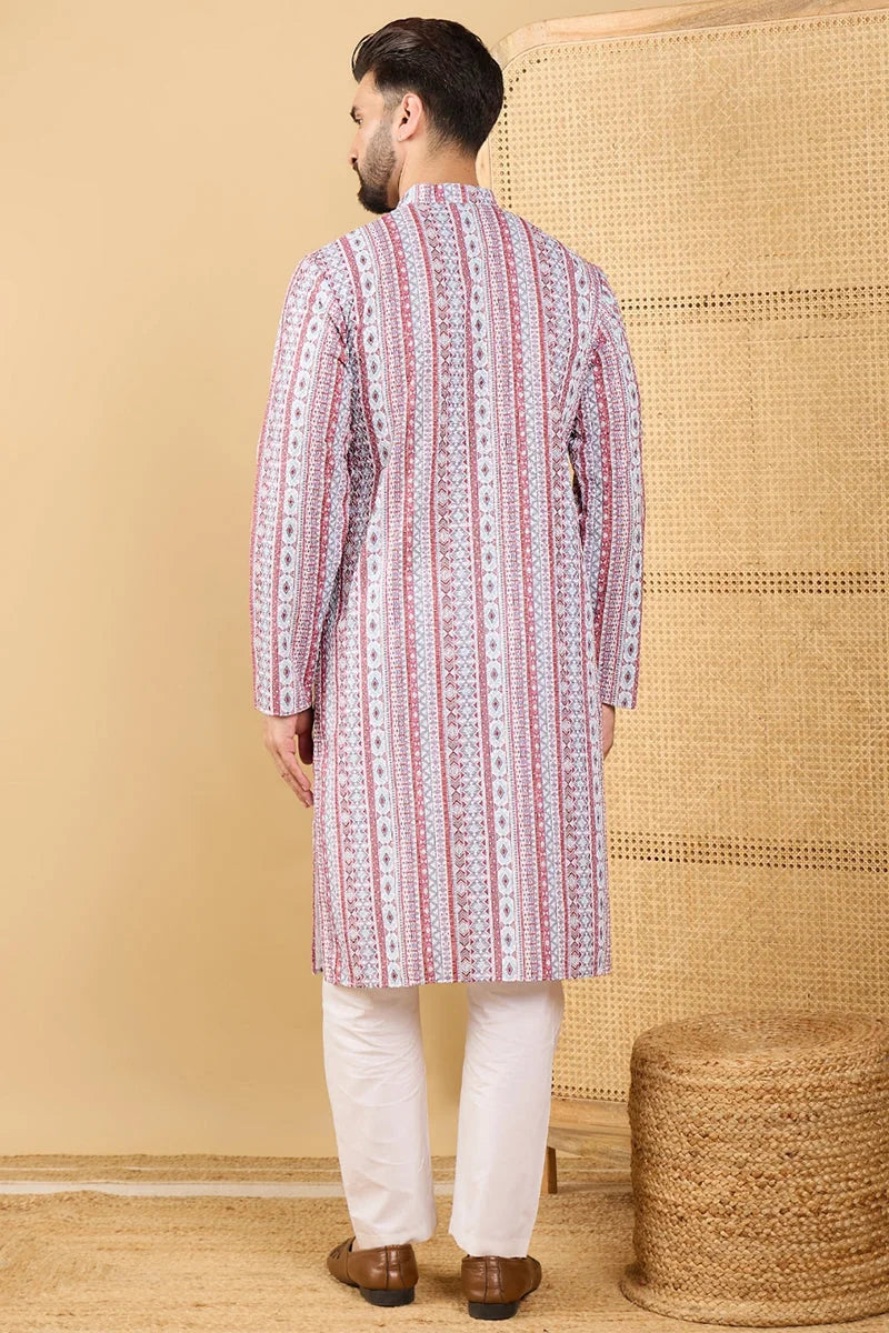 White Embroidered Indian Kurta for Men - Viscose Rayon