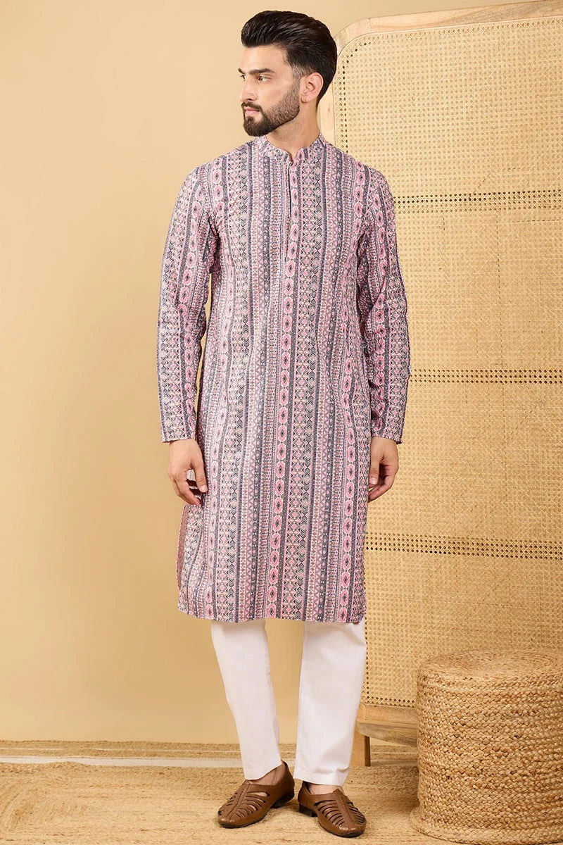 White Chikankari Indian Kurta for Men - Viscose Rayon Ethnic Bay