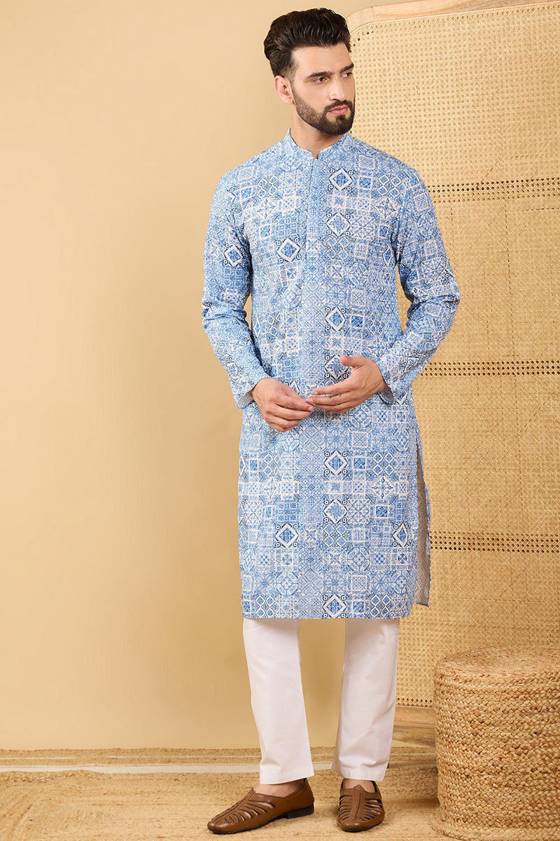 Blue Embroidered Chikankari Kurta - Viscose Rayon | Ethnic Bay