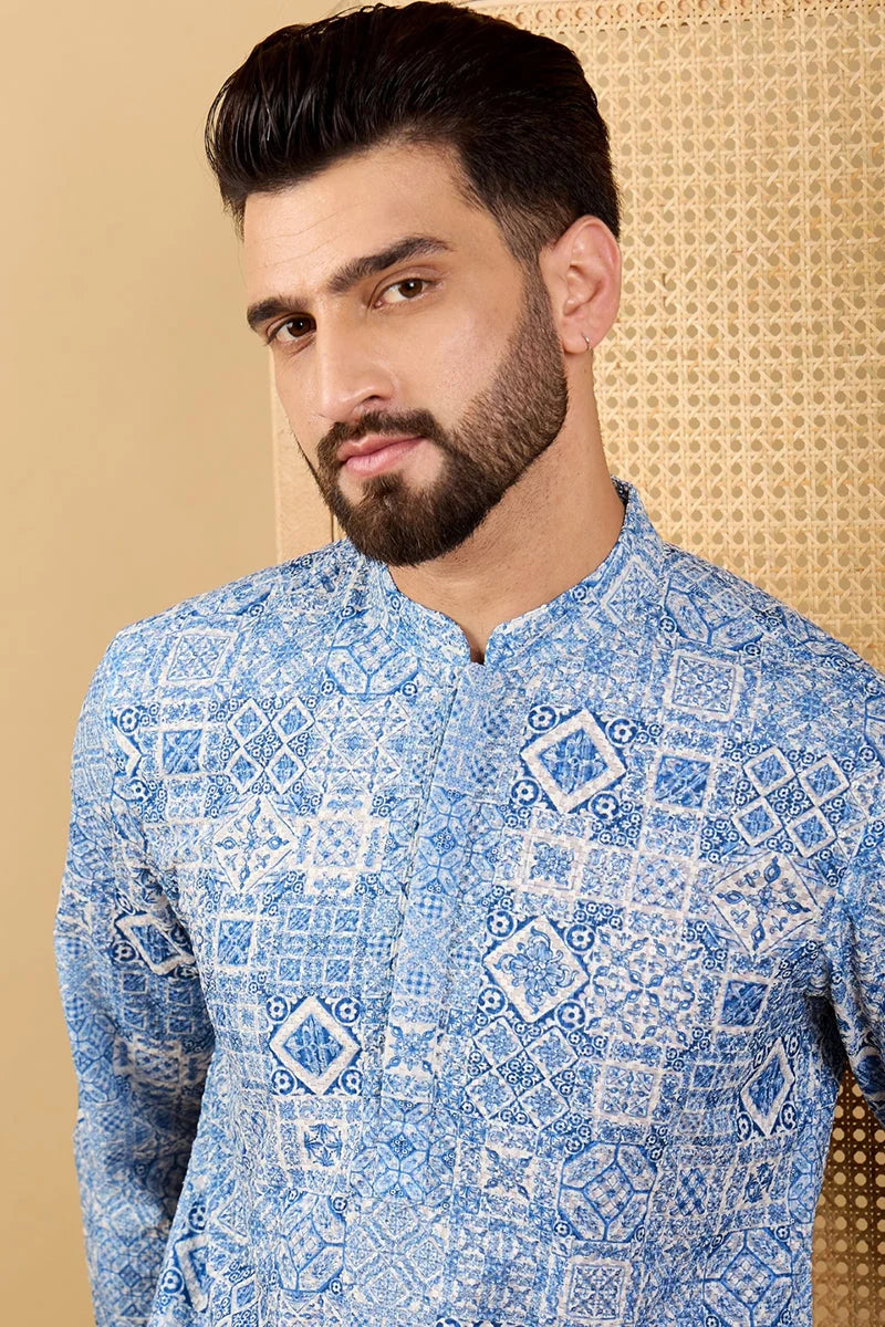 Blue Embroidered Chikankari Kurta - Viscose Rayon | Ethnic Bay