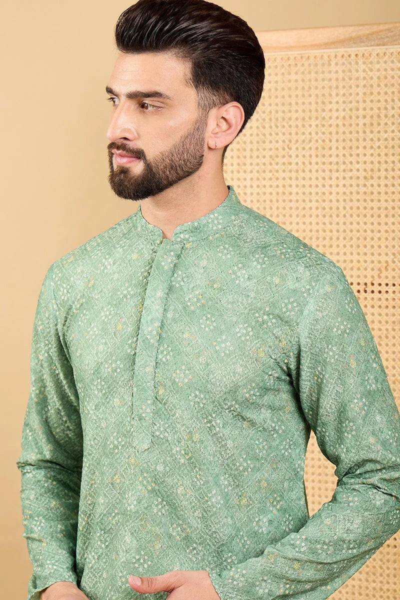Green Bandhani Embroidered Mens Kurta - Indian Kurta for Men
