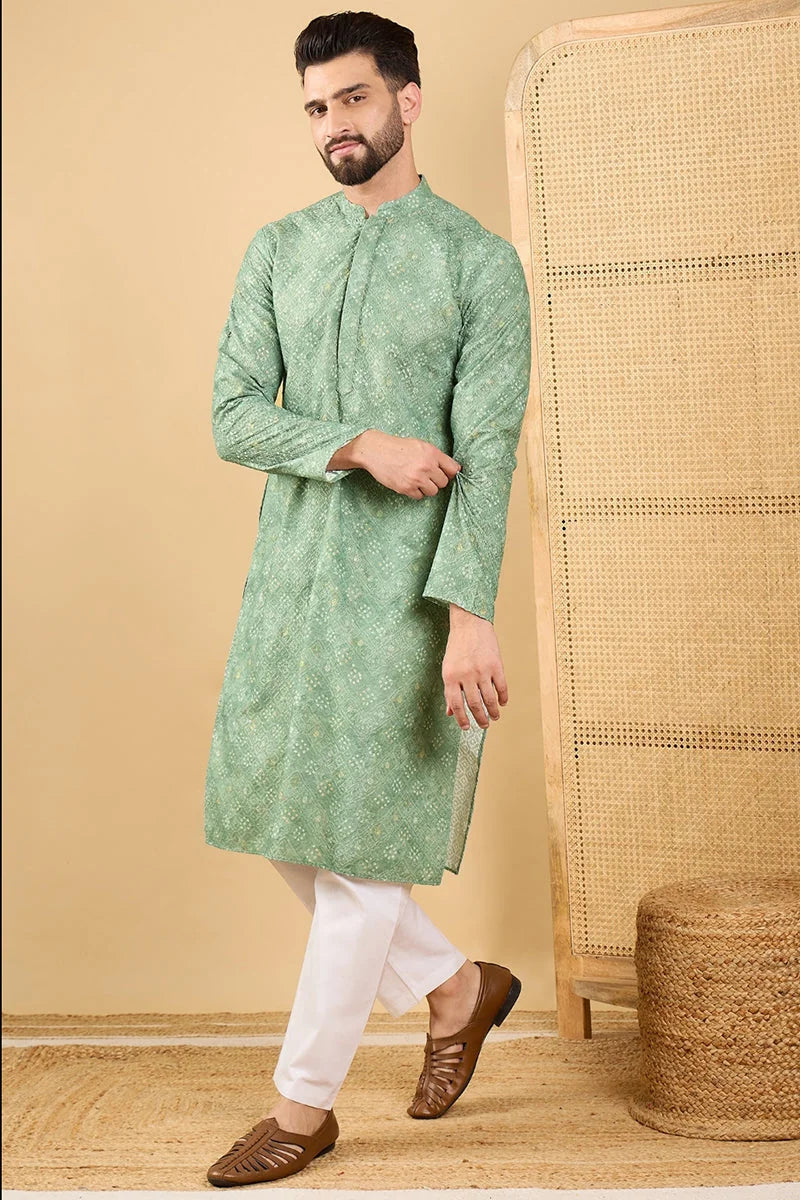 Green Bandhani Embroidered Mens Kurta - Indian Kurta for Men