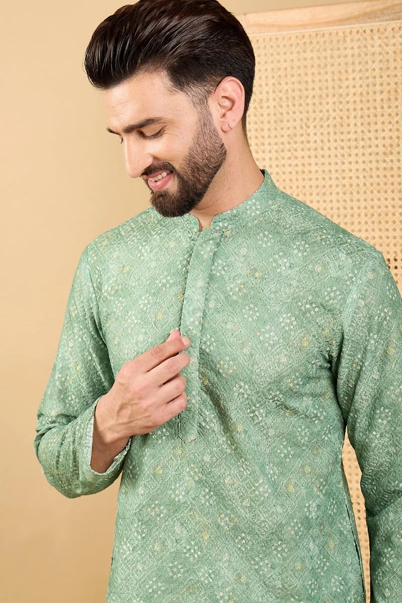 Green Bandhani Embroidered Mens Kurta - Indian Kurta for Men