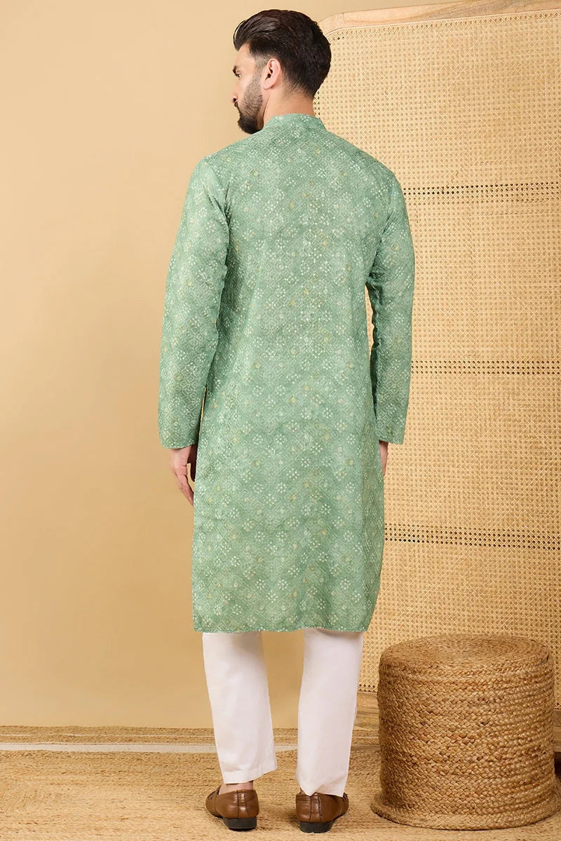 Green Bandhani Embroidered Mens Kurta - Indian Kurta for Men