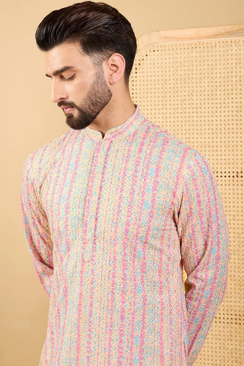 Peach Embroidered Mens Kurta - Striped Indian Kurta for Men