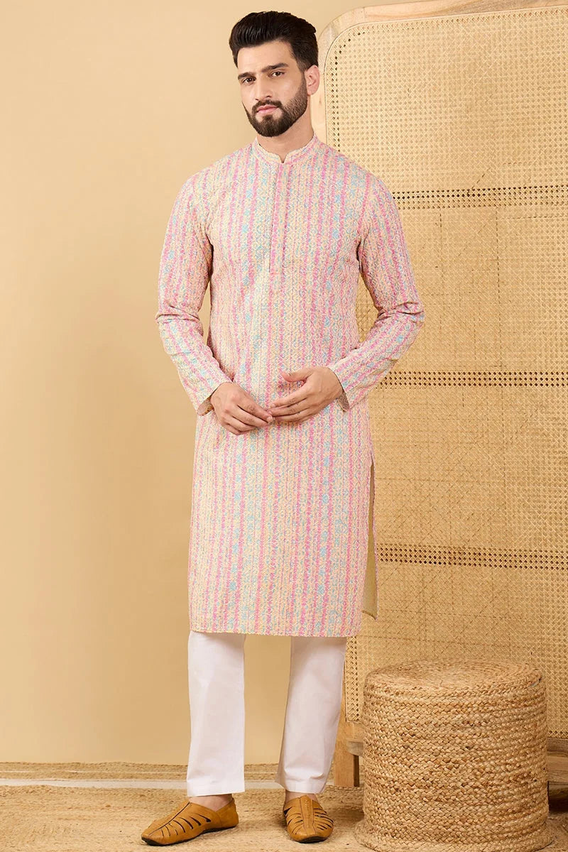 Peach Embroidered Mens Kurta - Striped Indian Kurta for Men
