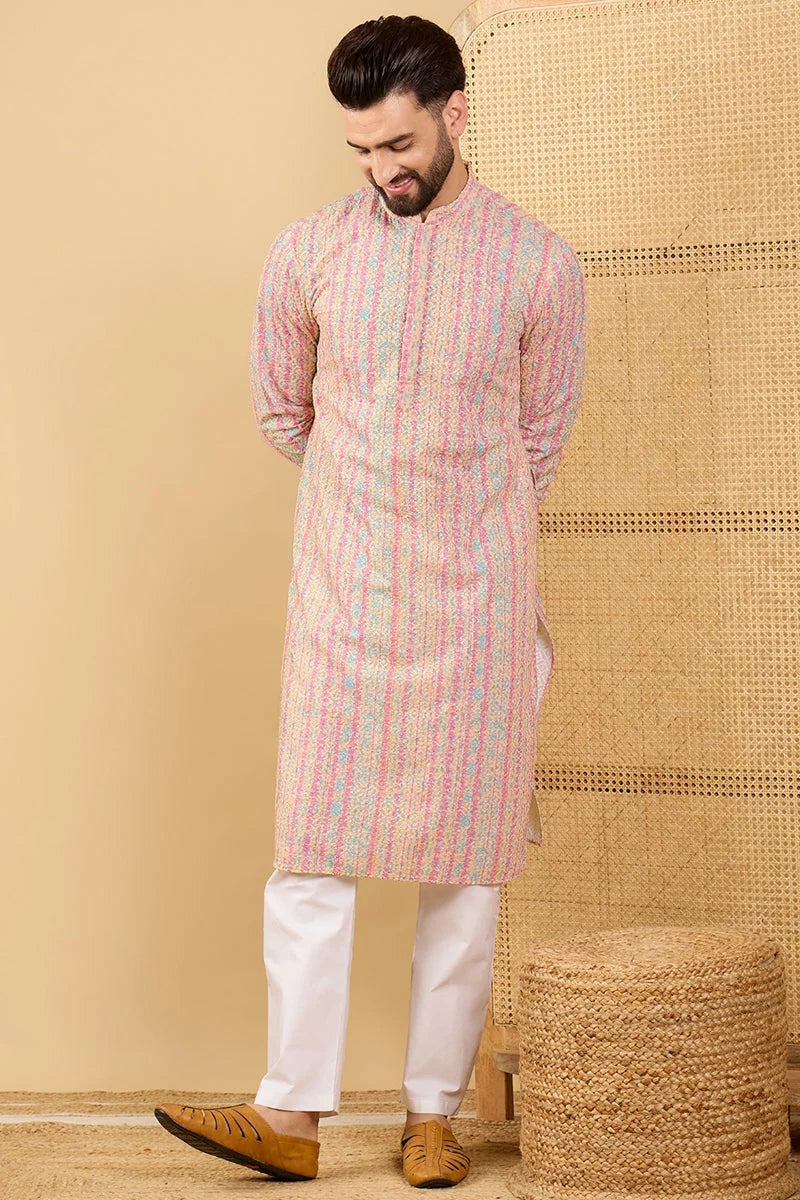 Peach Embroidered Mens Kurta - Striped Indian Kurta for Men
