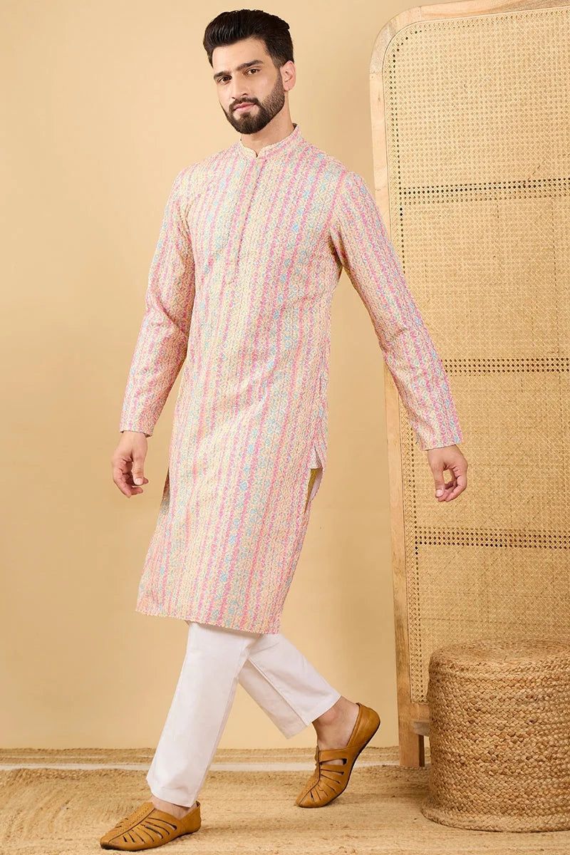 Peach Embroidered Mens Kurta - Striped Indian Kurta for Men