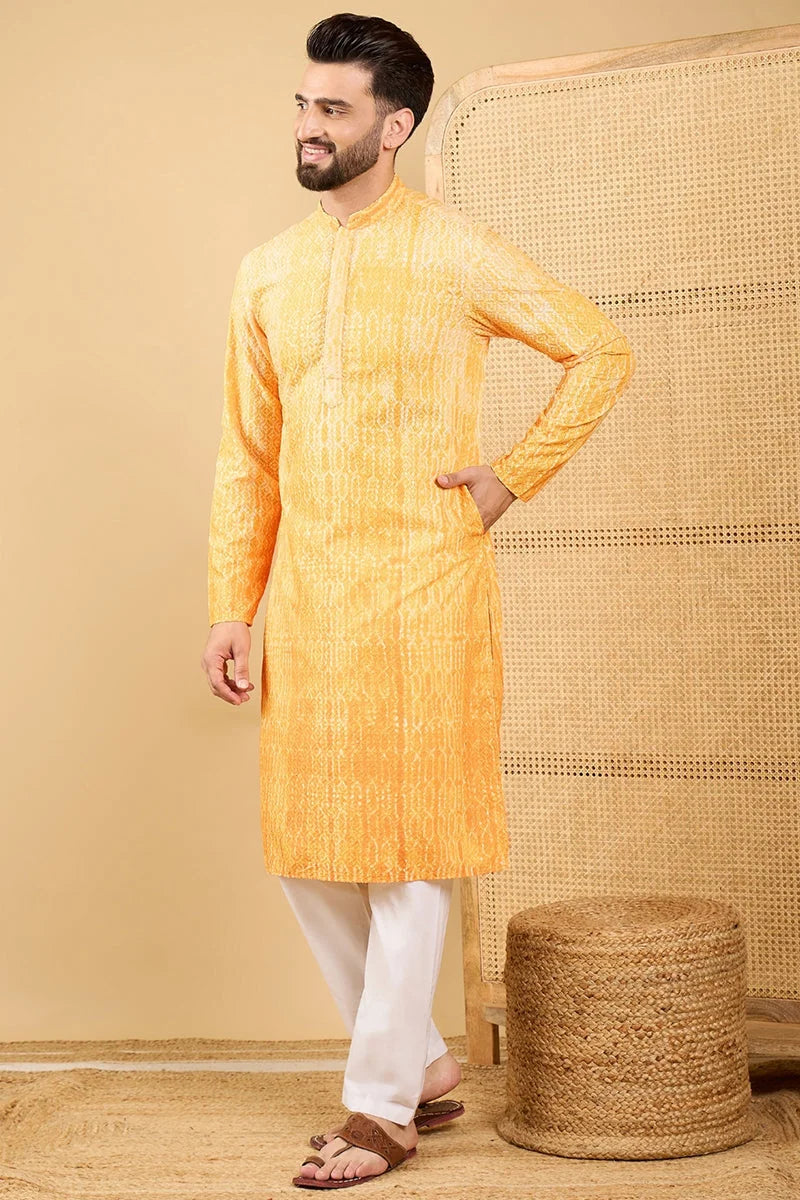 Yellow Abstract Embroidered Mens Kurta - Indian Kurta for Men