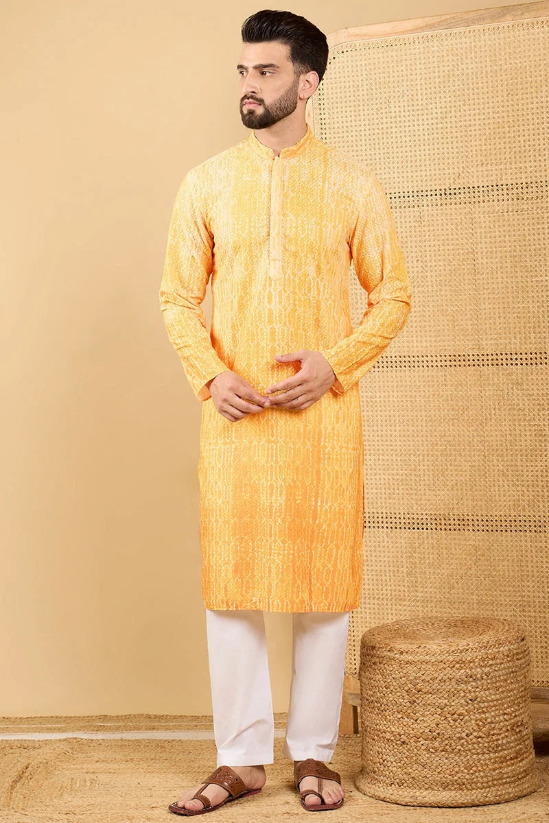 Yellow Abstract Embroidered Mens Kurta - Indian Kurta for Men