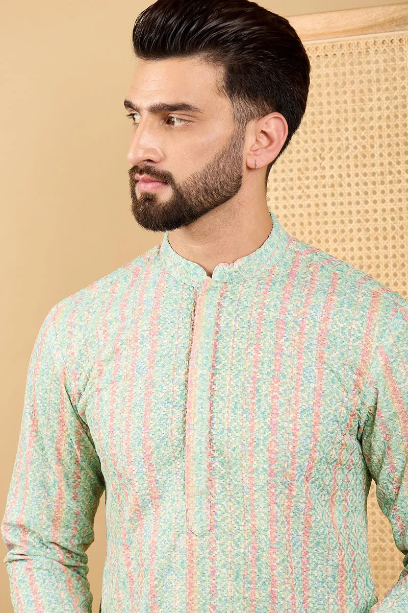 Green Striped Embroidered Mens Kurta - Indian Kurta for Men