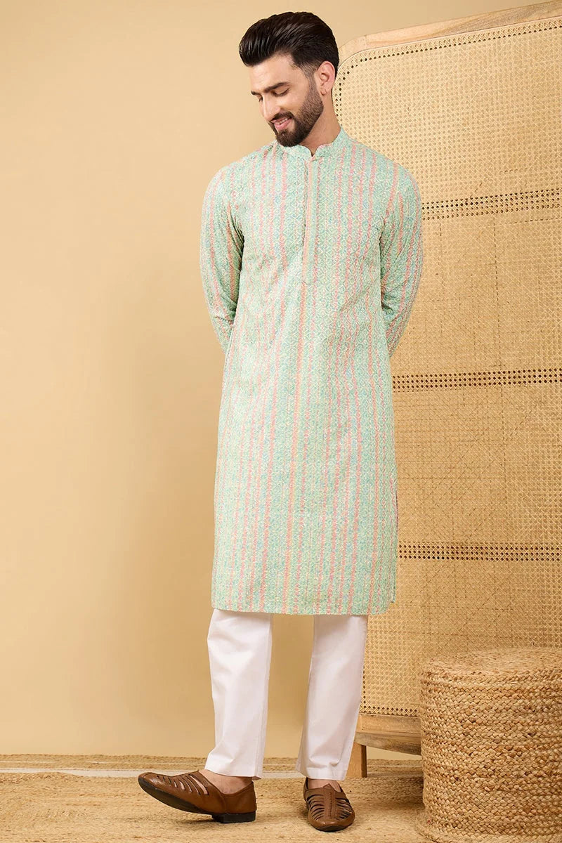 Green Striped Embroidered Mens Kurta - Indian Kurta for Men