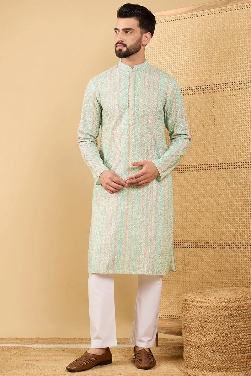 Green Striped Embroidered Mens Kurta - Indian Kurta for Men