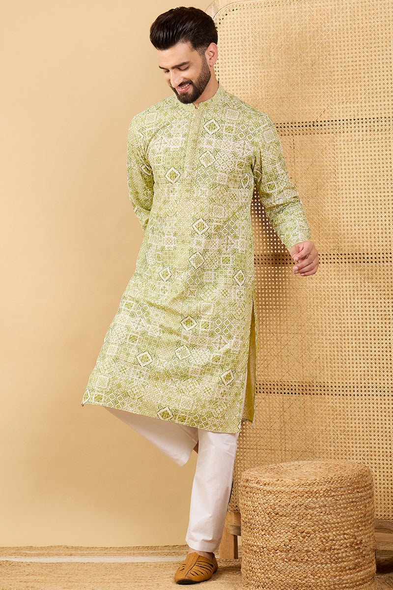 Olive Green Embroidered Indian Kurta for Men - Viscose Rayon