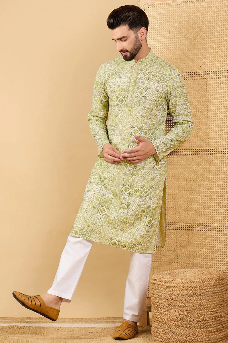 Olive Green Embroidered Indian Kurta for Men - Viscose Rayon