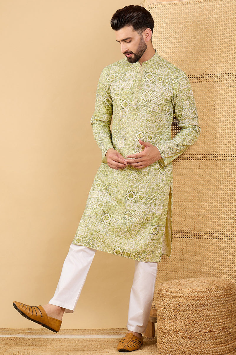 Olive Green Embroidered Indian Kurta for Men - Viscose Rayon