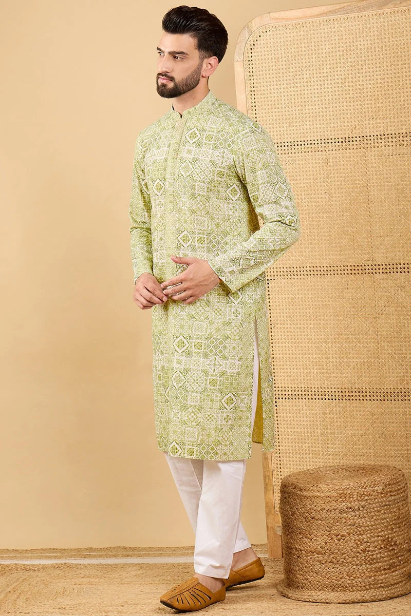 Olive Green Embroidered Indian Kurta for Men - Viscose Rayon