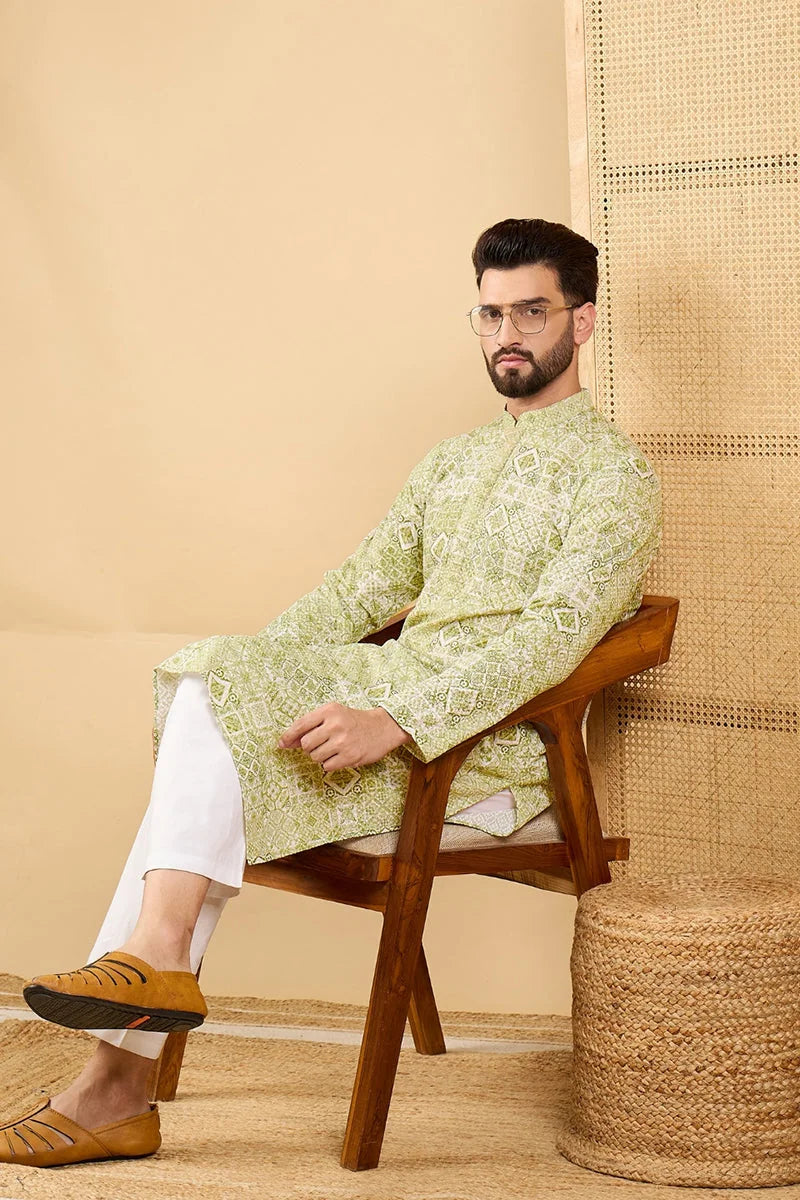 Olive Green Embroidered Indian Kurta for Men - Viscose Rayon